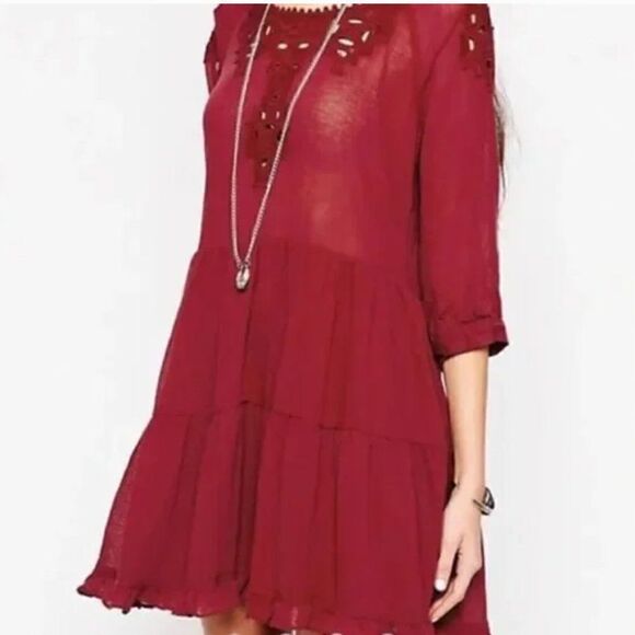 Free People Take Time Tunic Scarlet Embroidered Boho Dress L - Picture 10 of 11